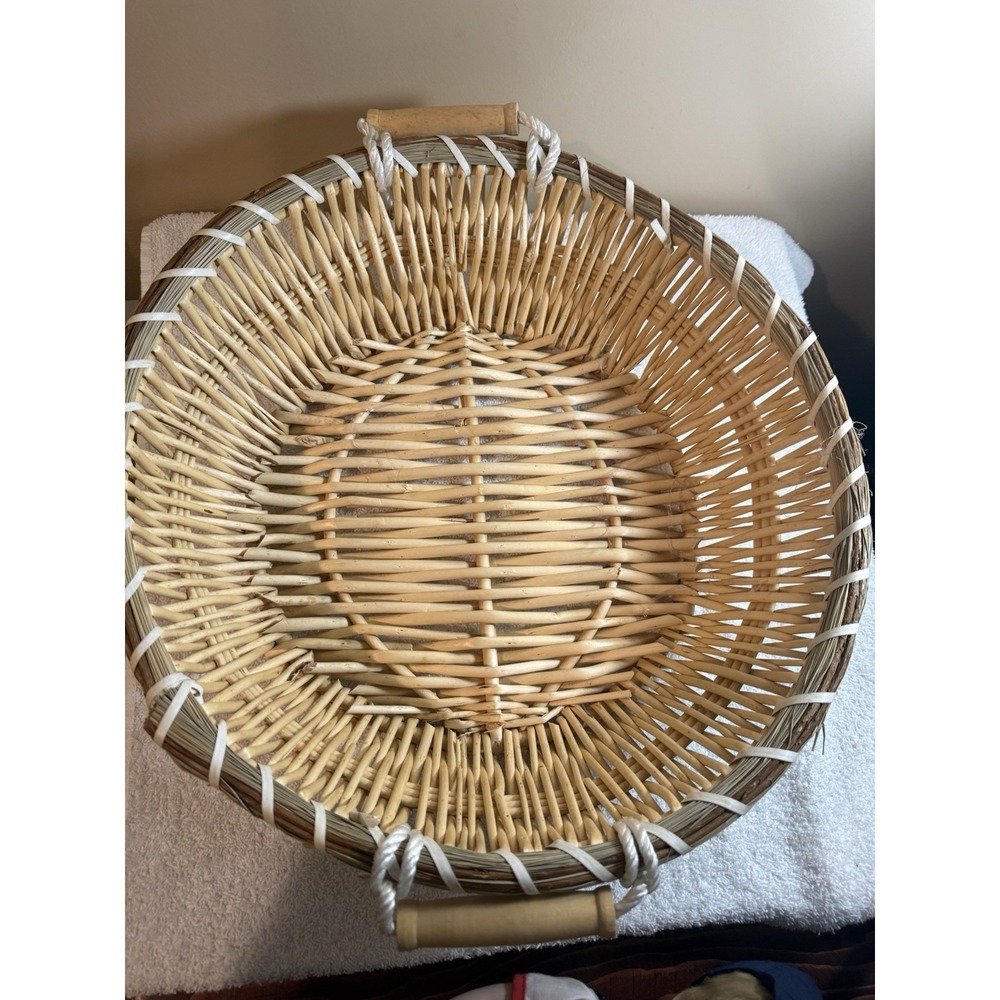 Vintage Large Round Display Basket Beige Wicker Rope Handles Handmade 16x16x5 in